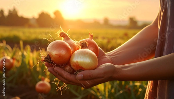 Obraz farmer's hands holding onions in the field