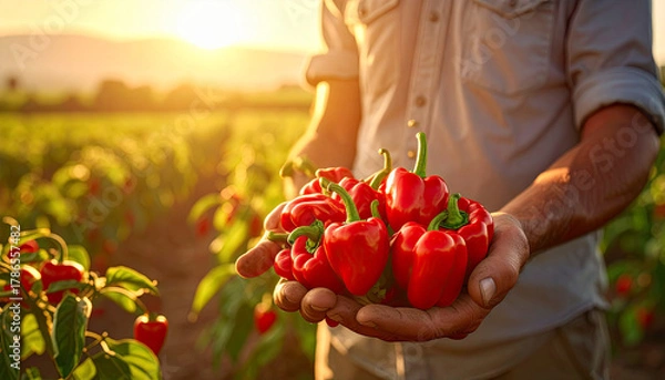 Obraz farmer's hands holding bell peppers in the field