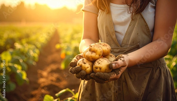 Obraz farmer's hands holding potatoes in the field