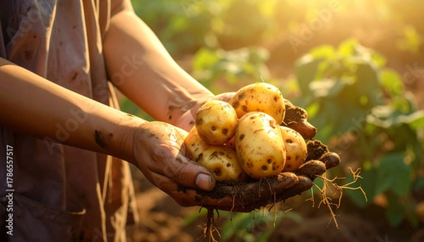 Obraz farmer's hands holding potatoes in the field