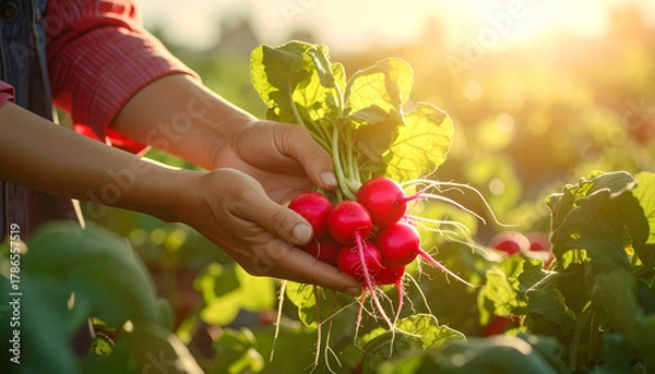 Obraz farmer's hands holding radishes in the field