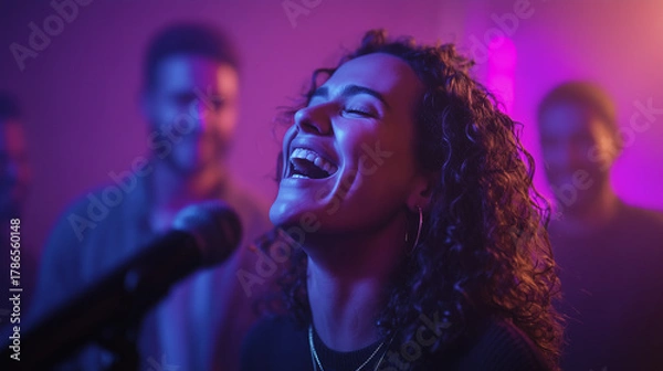 Obraz Colleagues Cheering on a Friend Singing in a Karaoke Room