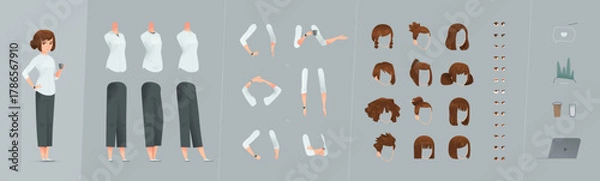 Obraz Standing Businesswoman Constructor in Cartoon Design. Editable Vector Kit With Interchangeable Poses, Arms, Legs, Hairstyles, and Outfits. European Character Design For Custom Creations