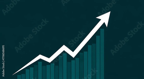 Fototapeta Vector illustration of a financial bar chart with a rising white arrow, symbolizing business growth, market success, and positive investment returns