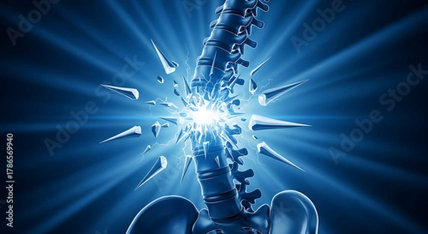 Fototapeta Conceptual 3D rendering of a human spine experiencing a severe traumatic break with a powerful, shattering impact, illustrating critical neurological damage and intense pain