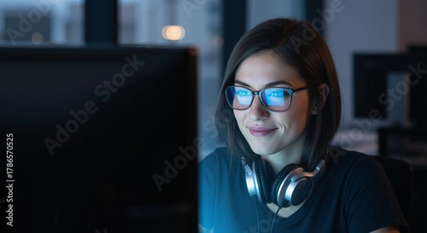 Fototapeta Focused female programmer wearing glasses works on a computer late at night in a dark office, smiling with satisfaction.