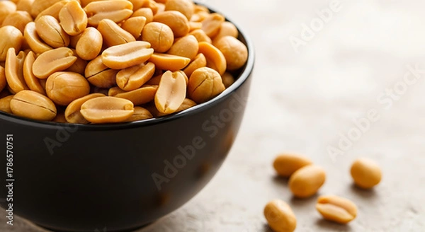 Fototapeta Close-up of roasted peanuts in a black bowl on a textured surface, with a few nuts scattered around