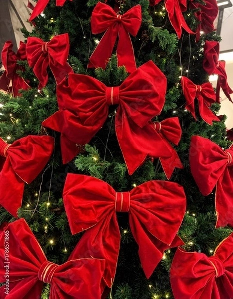 Fototapeta Christmas tree decorated with large red velvet bows and glowing lights