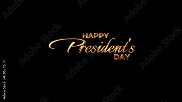 Obraz Elegant golden calligraphy and lettering text of "Happy President's Day" on black background. Perfect for greeting cards, holiday banners, social media posts, and celebration designs.