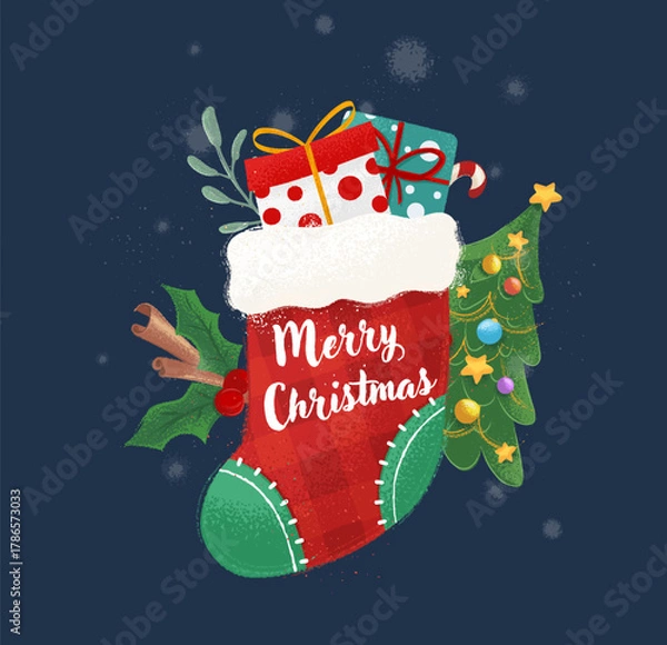 Fototapeta Christmas stocking with tree and gifts