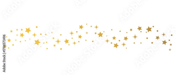 Fototapeta Golden star sparkle wave with glowing light trail, decorative glitter curve of shiny stars and dots, elegant festive element for overlay, celebration or luxury design