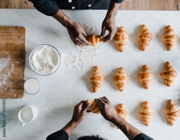 Fototapeta Bakers shaping croissant dough on floured surface, artisan pastry preparation process in professional kitchen, homemade bakery craftsmanship