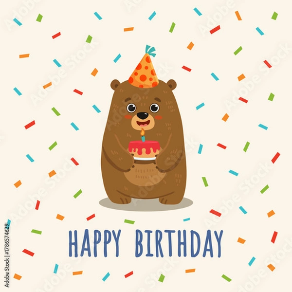 Fototapeta     Перейти к странице|123Далее

Cute cartoon bear with cake. Teddy bear in flat style for greeting card, book, activity page. Happy birthday postcard. Vector illustration