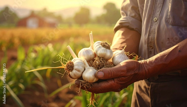 Obraz farmer's hands holding garlic in the field