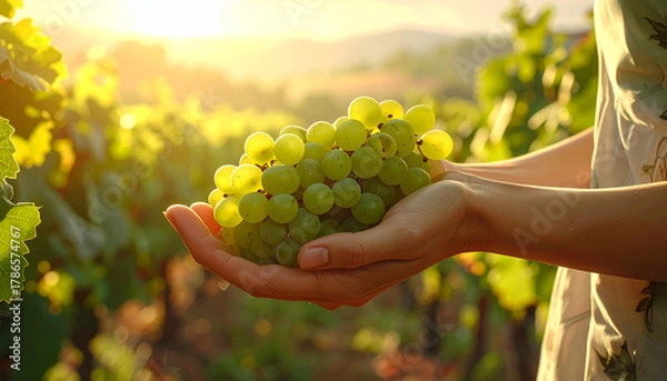 Obraz female hands holding grapes in the vineyard