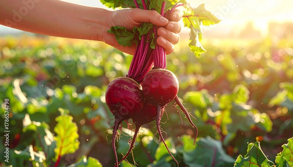 Obraz farmer's hands holding beetroots in the field