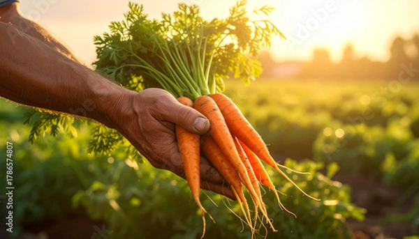 Obraz farmer's hands holding carrots in the field