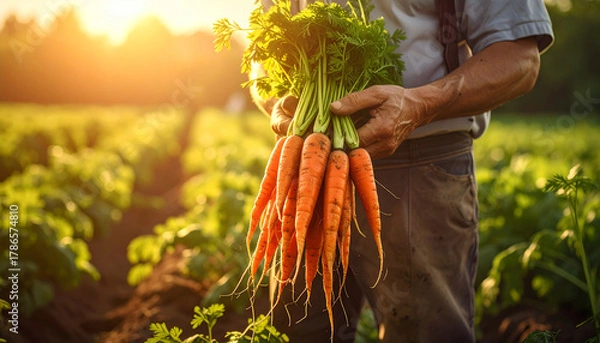 Obraz farmer's hands holding carrots in the field