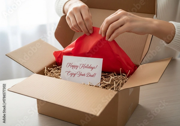 Fototapeta First-Person View of Hands Unboxing a Holiday Sale Purchase with Festive Tissue Paper
Keywords: