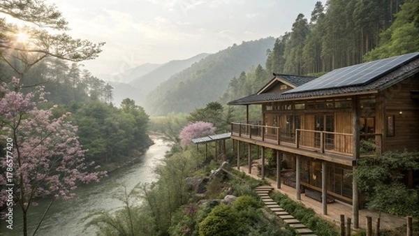 Fototapeta Modern Sustainable Architecture in Lush Mountain Forest