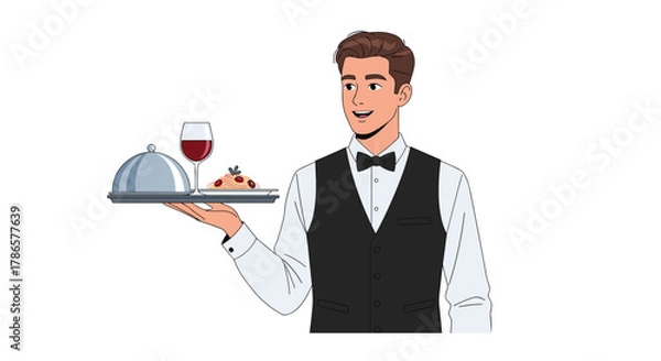 Fototapeta Smiling waiter presents delicious pasta dish and red wine, offering exceptional dining experience with elegant service