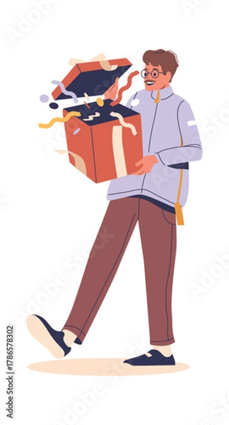 Obraz Surprised man opening gift box