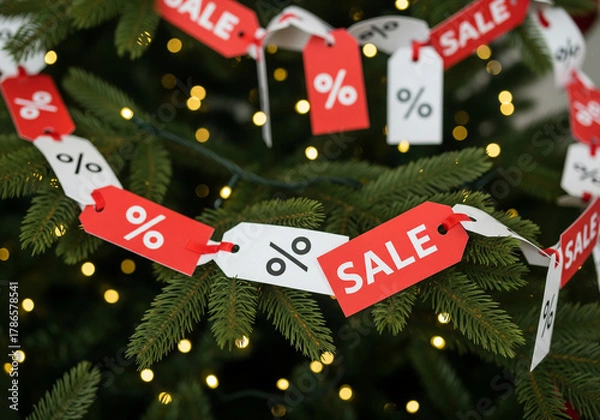 Obraz Creative Concept: A Garland Made of Red and White Price Tags Draped on a Christmas Tree