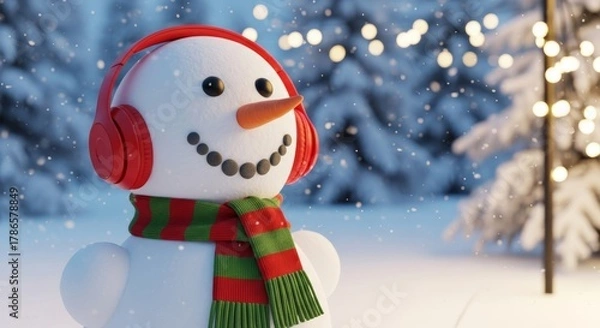 Fototapeta Snowman Listening to Music with Red Headphones