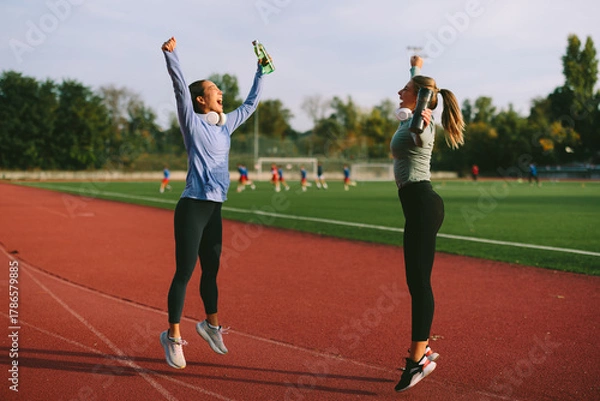 Fototapeta Energetic diverse female athletes celebrate a fitness success, jumping for joy on a running track and raising their water or sport drink bottles in triumph