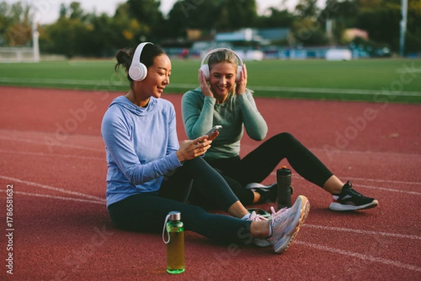 Fototapeta Two diverse female friends and athletes, one Asian and one Caucasian, happily listen to music on shared headphones and look at a mobile phone during a fitness break on a running track