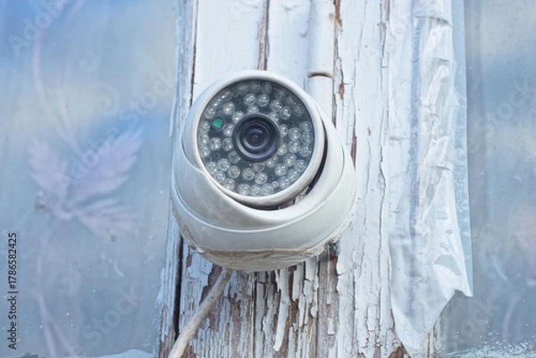 Fototapeta A single white webcam hangs on the board of an old window frame on a summer street