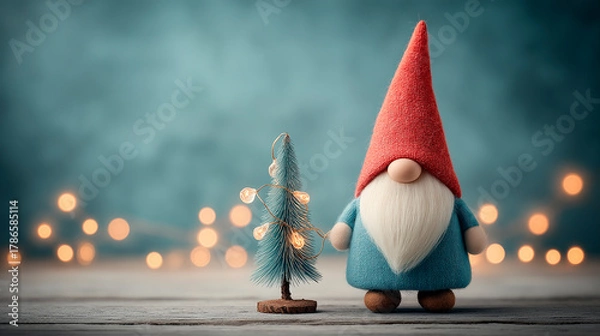 Obraz Whimsical Christmas gnome with a red hat standing beside a tiny decorated Christmas tree with warm lights on a wooden surface. Cozy festive composition with copy space for holiday design.