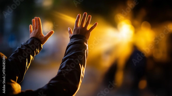 Fototapeta Defocused view of waving arms seen through warm golden light, creating an abstract emotional farewell scene, with copy space.
