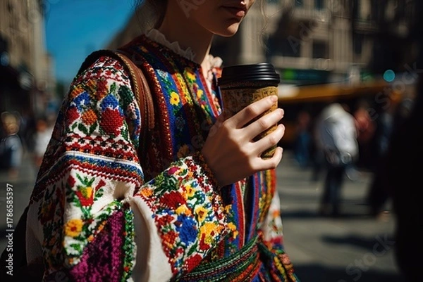 Fototapeta Coffee Cup Held by Person in Traditional Attire