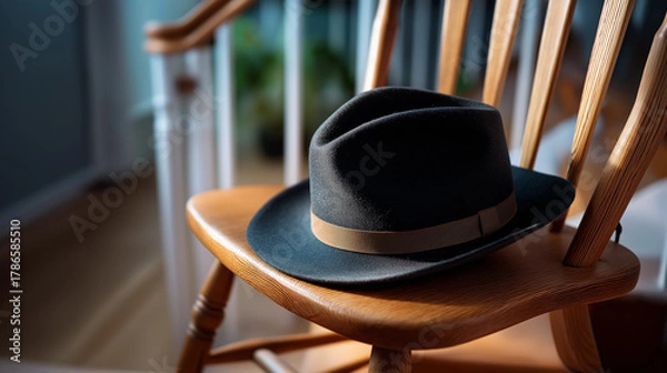 Fototapeta Faceless close-up of grandfather’s hat resting on a chair by the doorway, a soft nostalgic detail, with copy space.