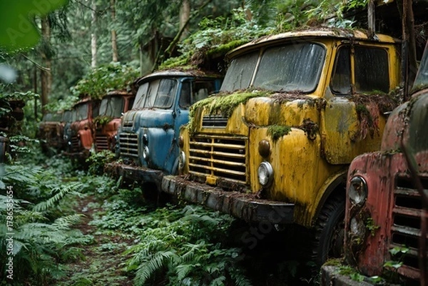 Fototapeta Abandoned Vintage Trucks in Forest Clearing