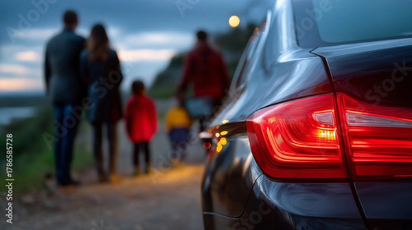 Fototapeta Blurred view of the car taillights glowing red in the dusk, family silhouettes standing still in the distance, with copy space.