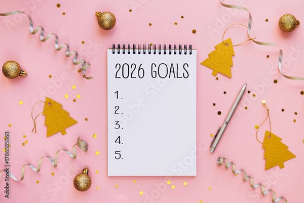 Obraz 2026 New Year Goals List with Festive Decorations on Pink Background. Perfect for themes related to New Year planning, resolutions, and goal achievement