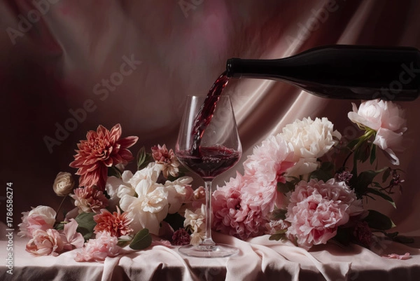 Fototapeta Pouring red wine into a glass, creating a romantic still life with delicate pink and white peonies and dahlias