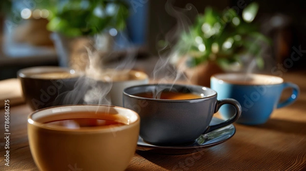Fototapeta Faceless close-up of steaming tea cups on the table after goodbye, cozy warm tones and shallow depth of field, with copy space.