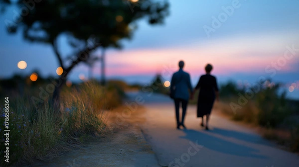 Fototapeta Defocused silhouettes of grandparents walking along a quiet path, framed by soft twilight colors, with copy space.