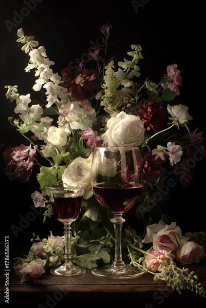 Fototapeta Romantic evening with two glasses of red wine and a beautiful flower bouquet in chiaroscuro lighting