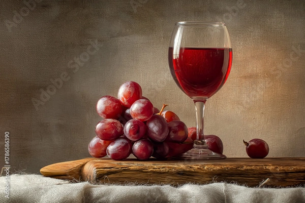 Fototapeta Red wine in a glass with fresh grapes on a rustic wooden board, a classic still life composition