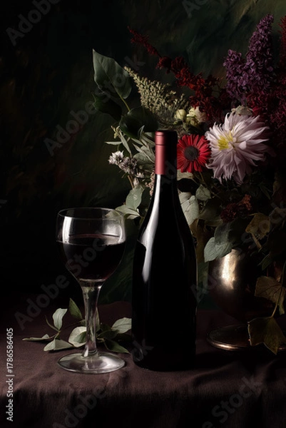 Fototapeta Red wine bottle and glass on dark textile, still life with rustic flowers, chiaroscuro lighting, romance concept