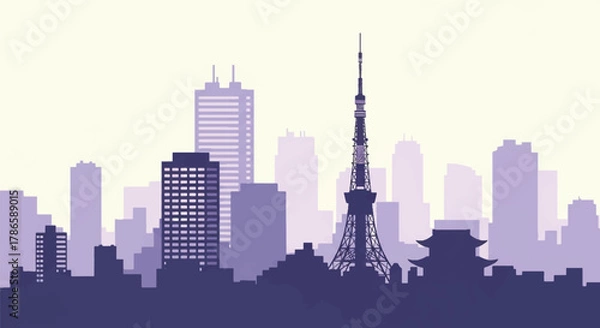 Obraz Flat vector skyline of Tokyo featuring modern skyscrapers and slim tower silhouette. Solid colors, clean geometric shapes, no gradients. Ideal for travel concepts and digital editorial use