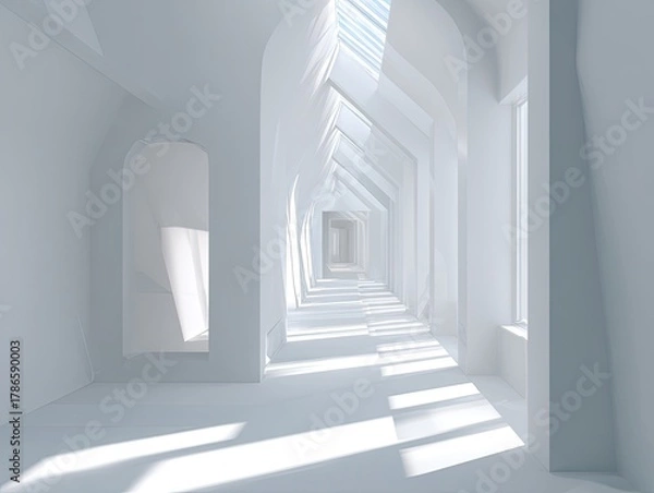 Fototapeta All-white arched corridor leads to light