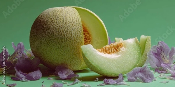 Fototapeta Cut cantaloupe with purple flower petals on a green background
