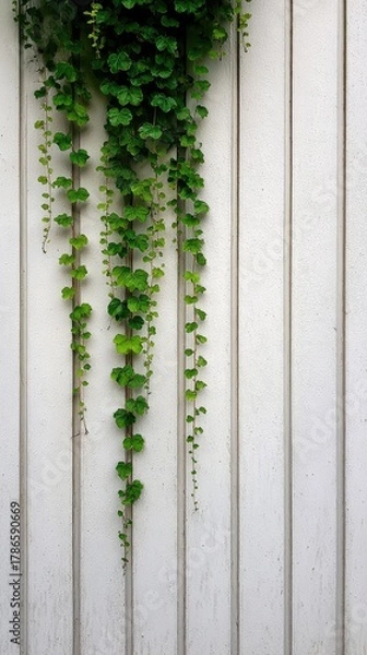 Fototapeta Trailing ivy on a white wooden fence, verdant and delicate
