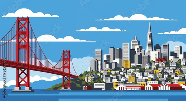 Fototapeta Flat vector skyline of San Francisco featuring suspension bridge and sloped city blocks. Solid clean colors, no gradients. Ideal for tech branding and travel graphics
