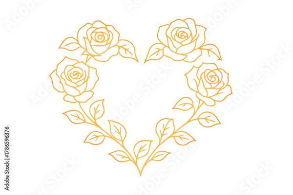 Fototapeta Gold heart shape frame drawing a wreath with roses and leaves, elegant floral line art design on transparent background